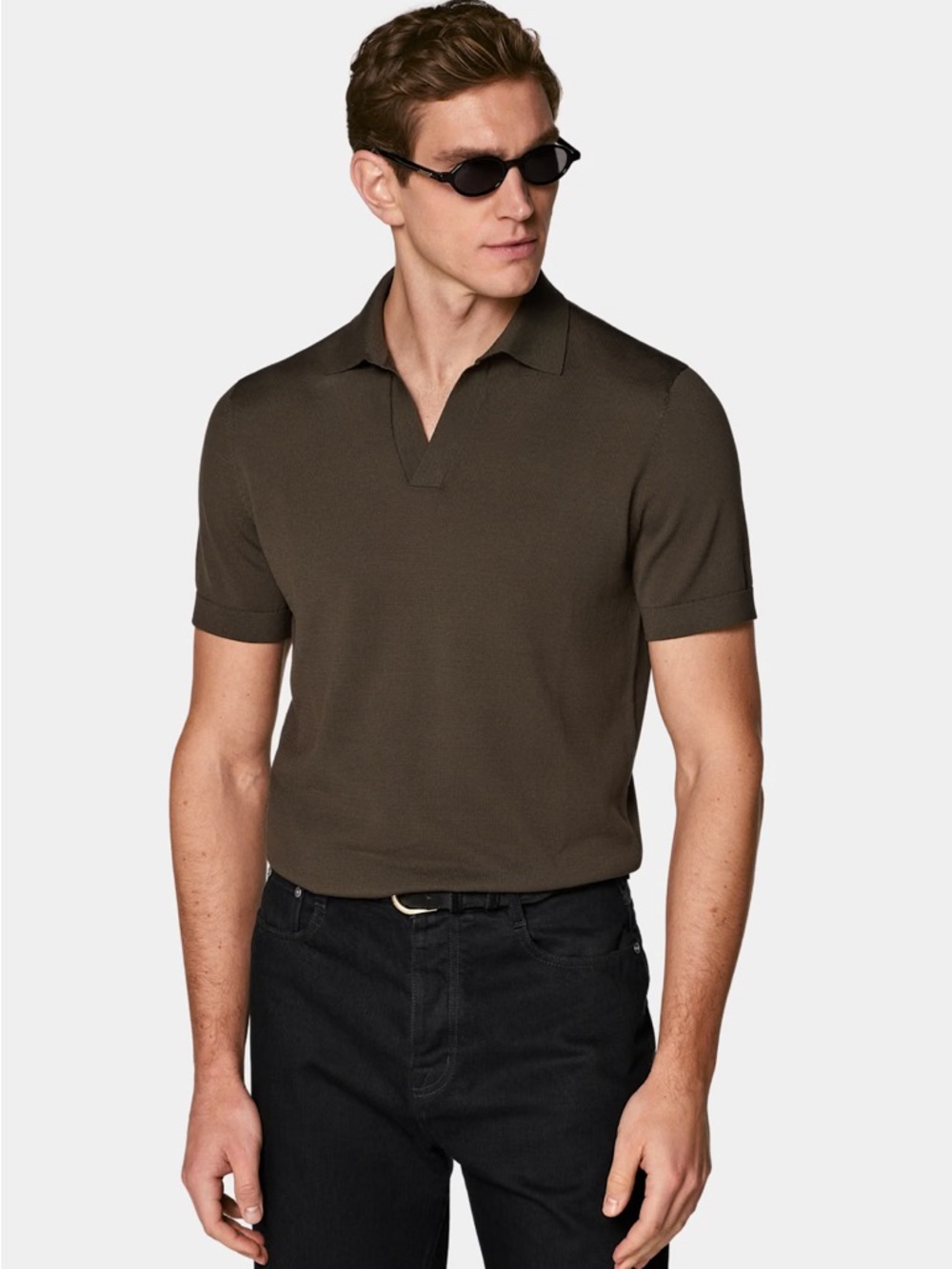 Suit Supply Brown Buttonless Polo Shirt Large Cotton-Silk